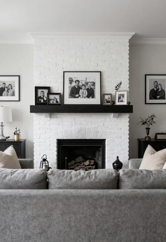 18 Living Room Chimney Wall Ideas: Cozy Focal Point Design - 13. Farmhouse Black and White Contrast 1