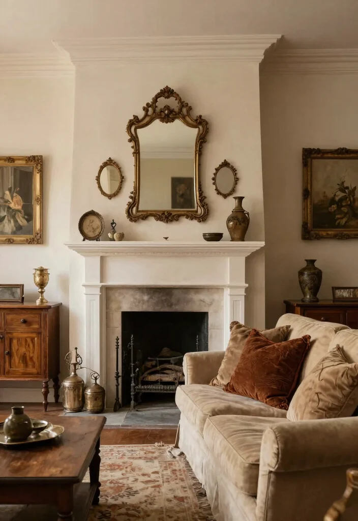 18 Living Room Chimney Wall Ideas: Cozy Focal Point Design - 14. Rustic Elegance with Antiques 1
