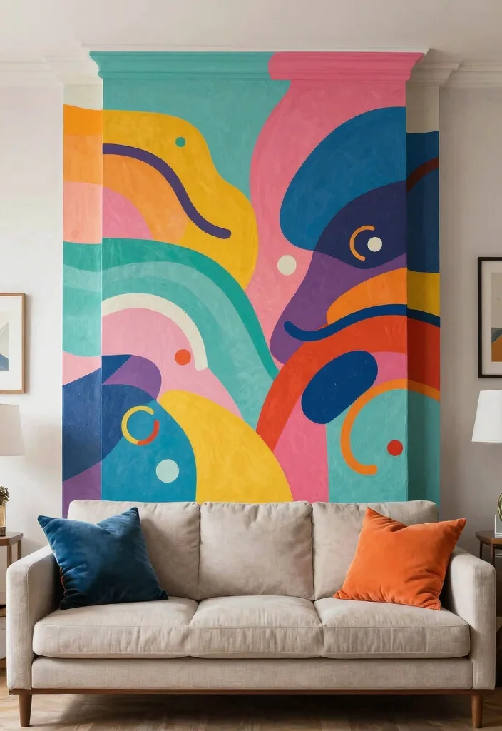 18 Living Room Chimney Wall Ideas: Cozy Focal Point Design - 15. Colorful Artistic Mural 1