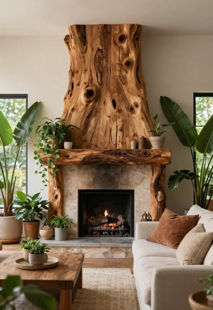 18 Living Room Chimney Wall Ideas: Cozy Focal Point Design - 16. Nature-Inspired with Wood and Greenery 1