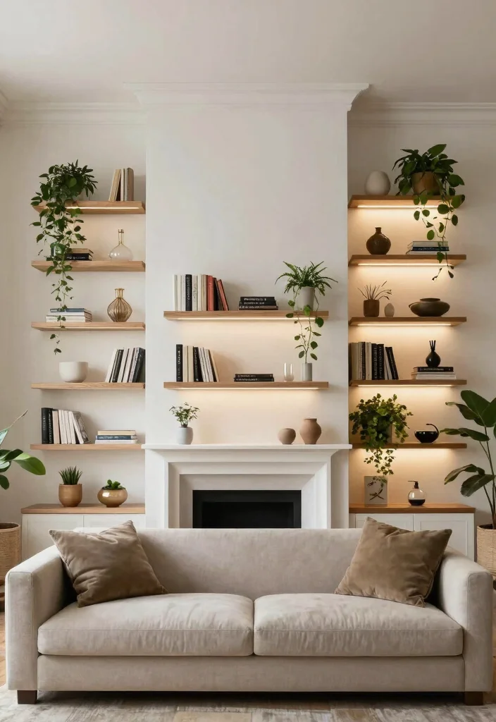 18 Living Room Chimney Wall Ideas: Cozy Focal Point Design - 17. Artistic Shelving for a Creative Touch 1
