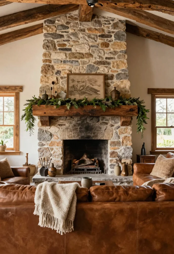 18 Living Room Chimney Wall Ideas: Cozy Focal Point Design - 6. Rustic Elements with Stone and Timber 1