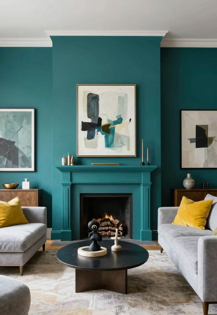 18 Living Room Chimney Wall Ideas: Cozy Focal Point Design - 7. Contemporary Colors with Artistic Flair 1