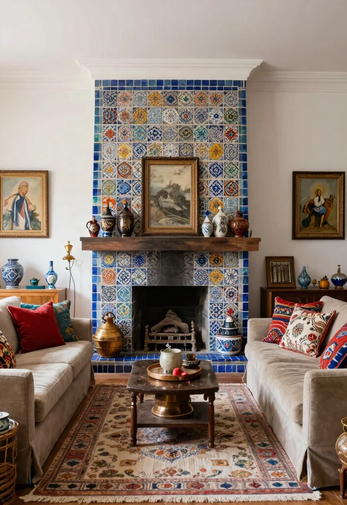 18 Living Room Chimney Wall Ideas: Cozy Focal Point Design - 9. Eclectic Style with Global Influences 1