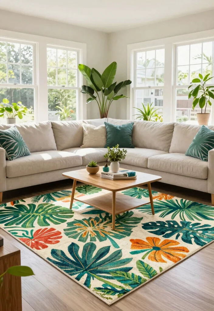 18 Living Room Rug Placement With Sectional Ideas That Work - 10. Outdoor-Inspired Rugs for a Fresh Feel 1