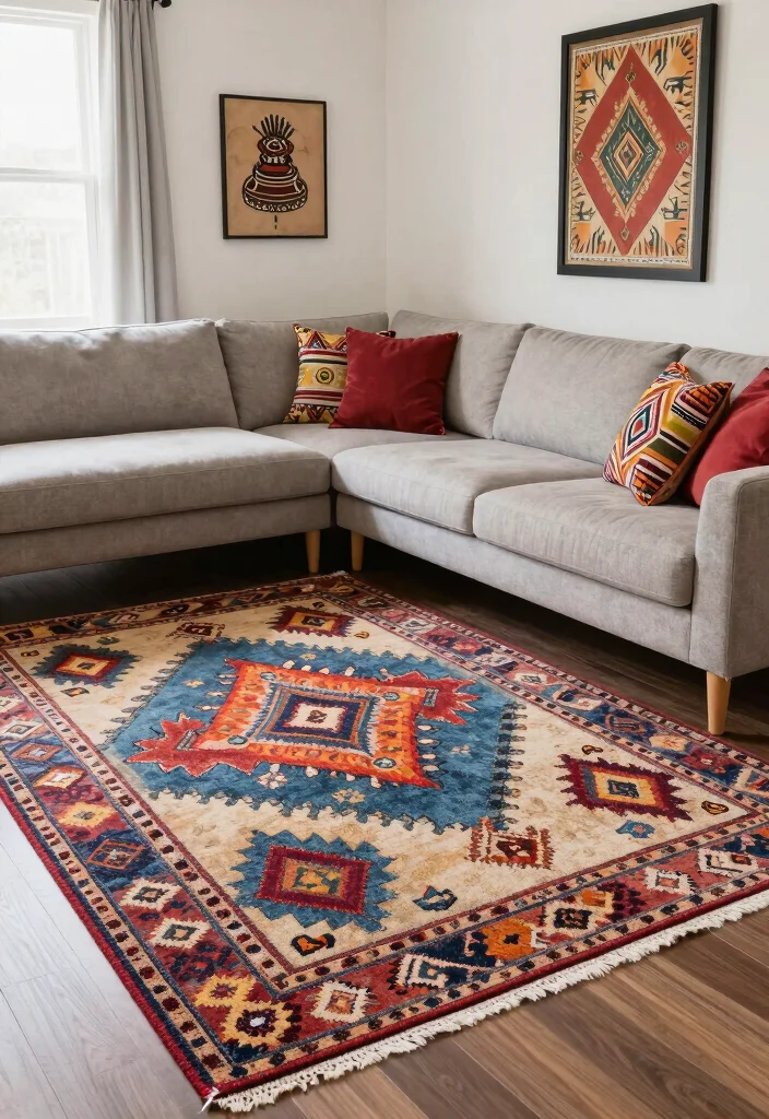 18 Living Room Rug Placement With Sectional Ideas That Work - 12. Cultural Influence: Ethnic Patterns in Rugs 1