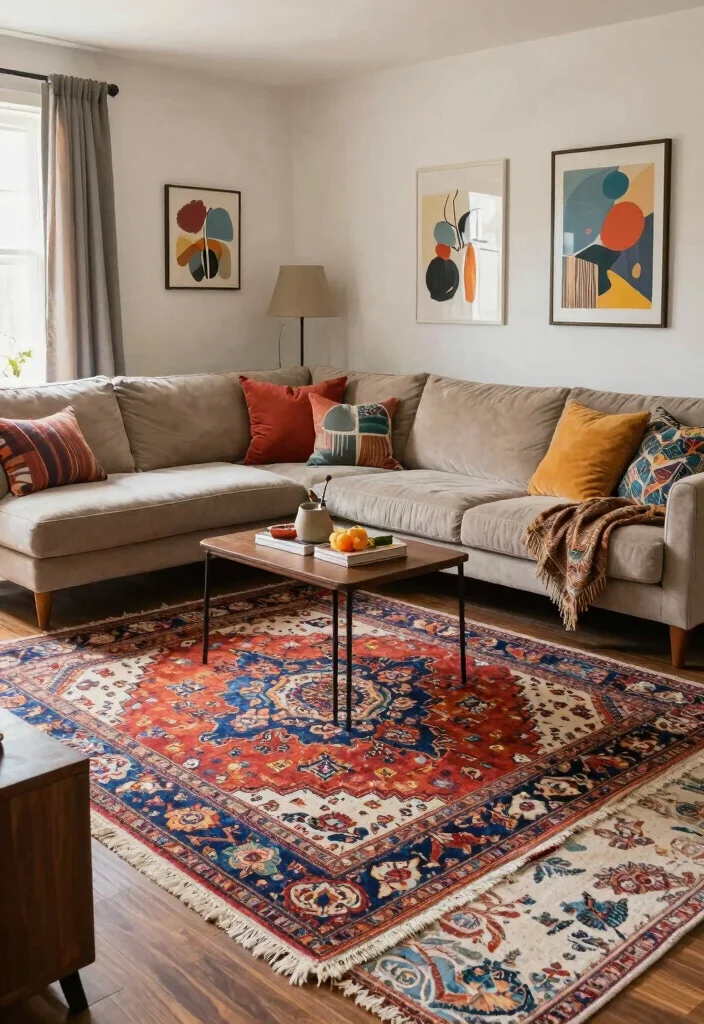 18 Living Room Rug Placement With Sectional Ideas That Work - 16. Eclectic Styles with Mixed Rugs 1