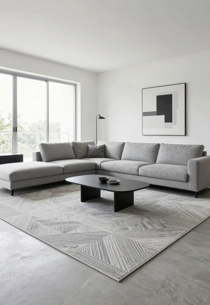 18 Living Room Rug Placement With Sectional Ideas That Work - 3. Minimalist Rug Placement for Clean Lines 1