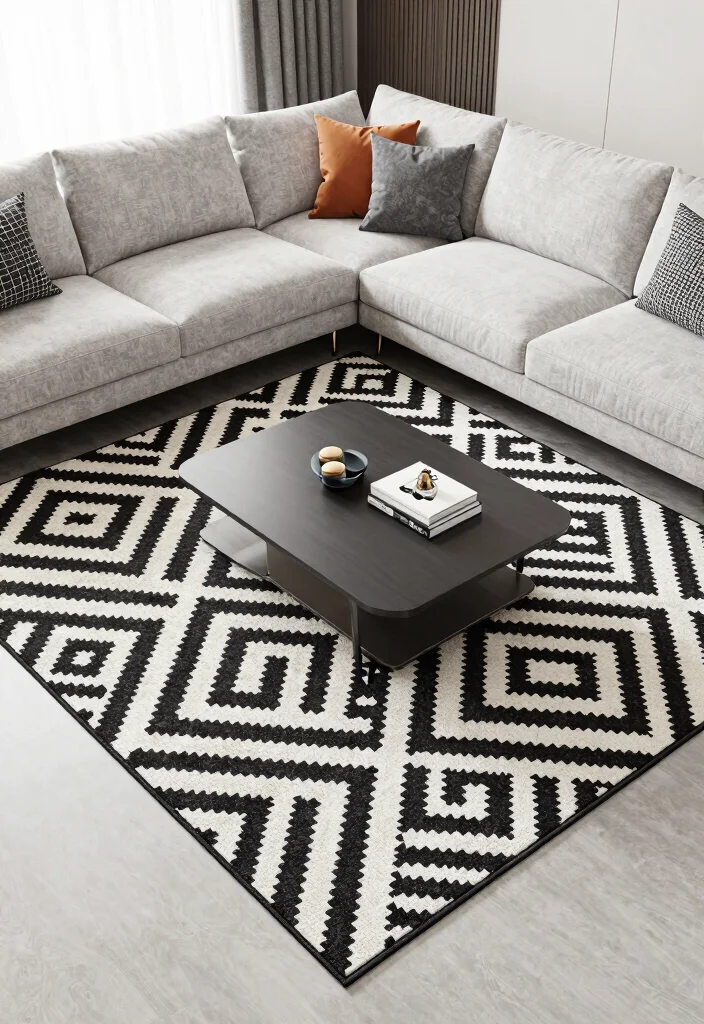 18 Living Room Rug Placement With Sectional Ideas That Work - 5. Geometric Patterns to Define Modern Spaces 1