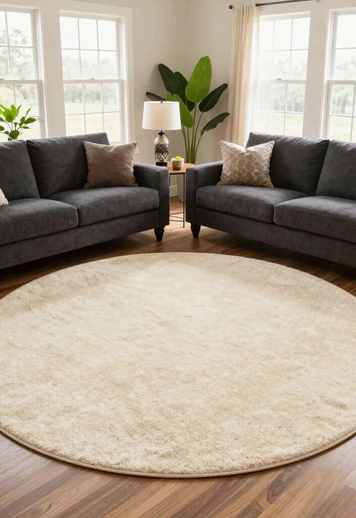 18 Living Room Rug Placement With Sectional Ideas That Work - 6. Round Rugs to Soften Edges 1