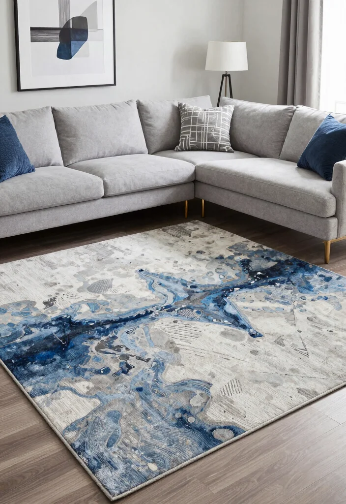 18 Living Room Rug Placement With Sectional Ideas That Work - 8. Artistic Touches with Abstract Rugs 1