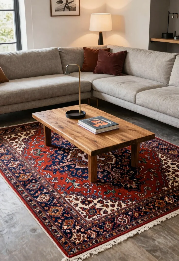 18 Living Room Rug Placement With Sectional Ideas That Work - 9. Vintage Finds for Timeless Elegance 1