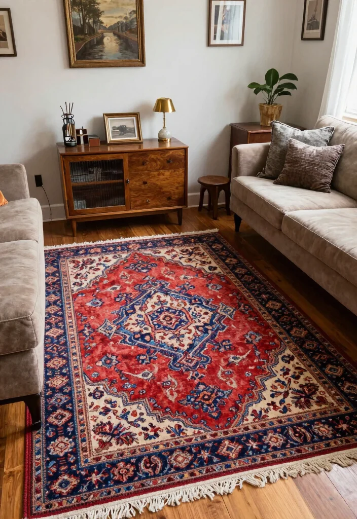 18 Rug Living Room Placement Ideas: Designer Approved Tips - 12. Incorporate a Vintage Rug 1