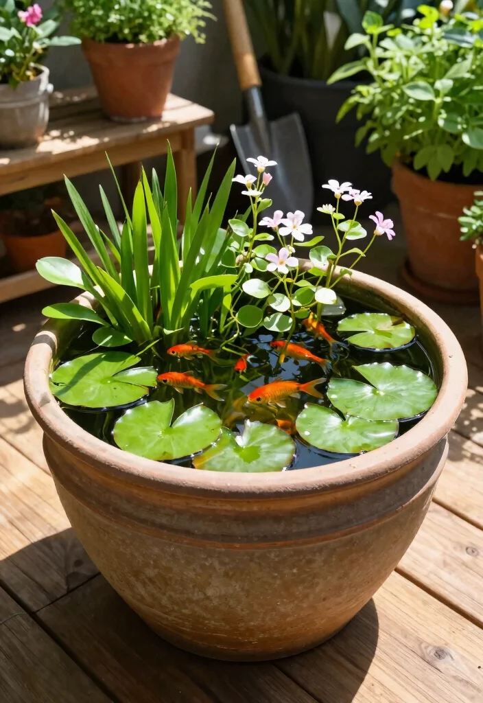 12 Backyard Water Feature Ideas That Run Without a Buried Line - 2. Container Water Garden 1