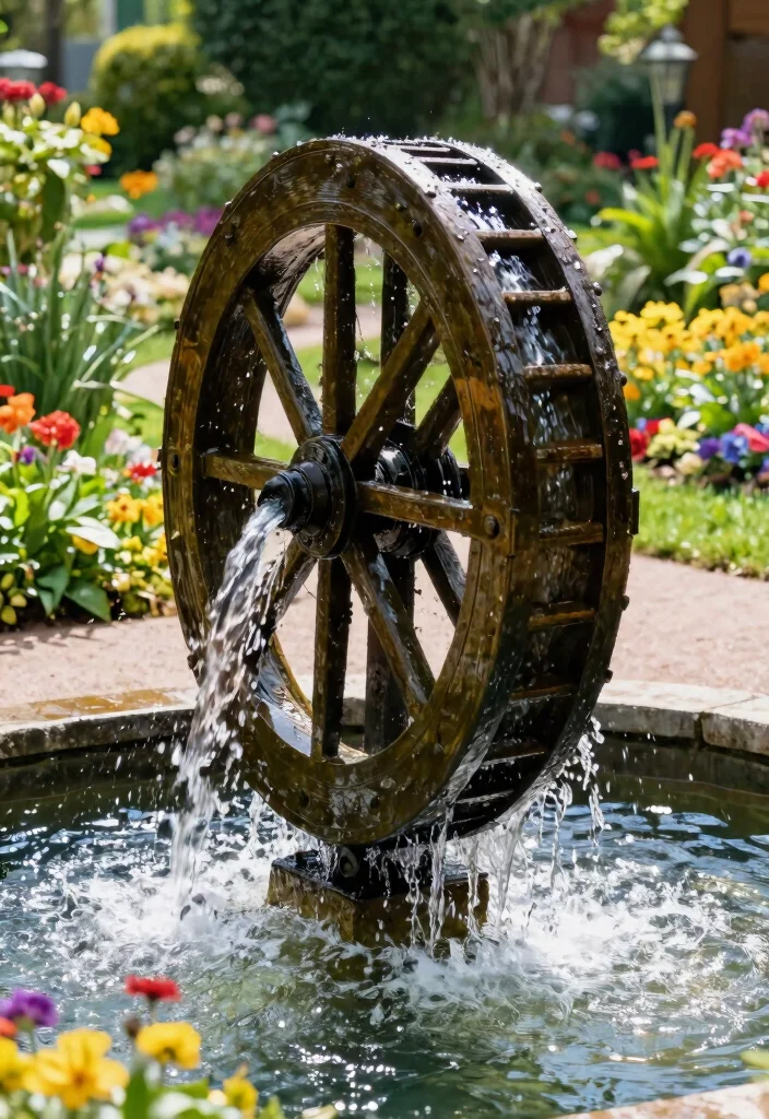 12 Backyard Water Feature Ideas That Run Without a Buried Line - 8. Water Wheel Feature 1