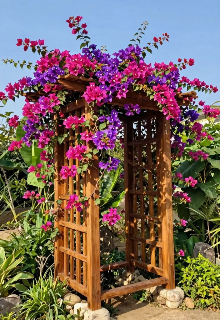 12 Bougainvillea Trellis Wall Concepts That Stay Standing in Wind - 1. Sturdy Wooden Trellis for Strong Support 1