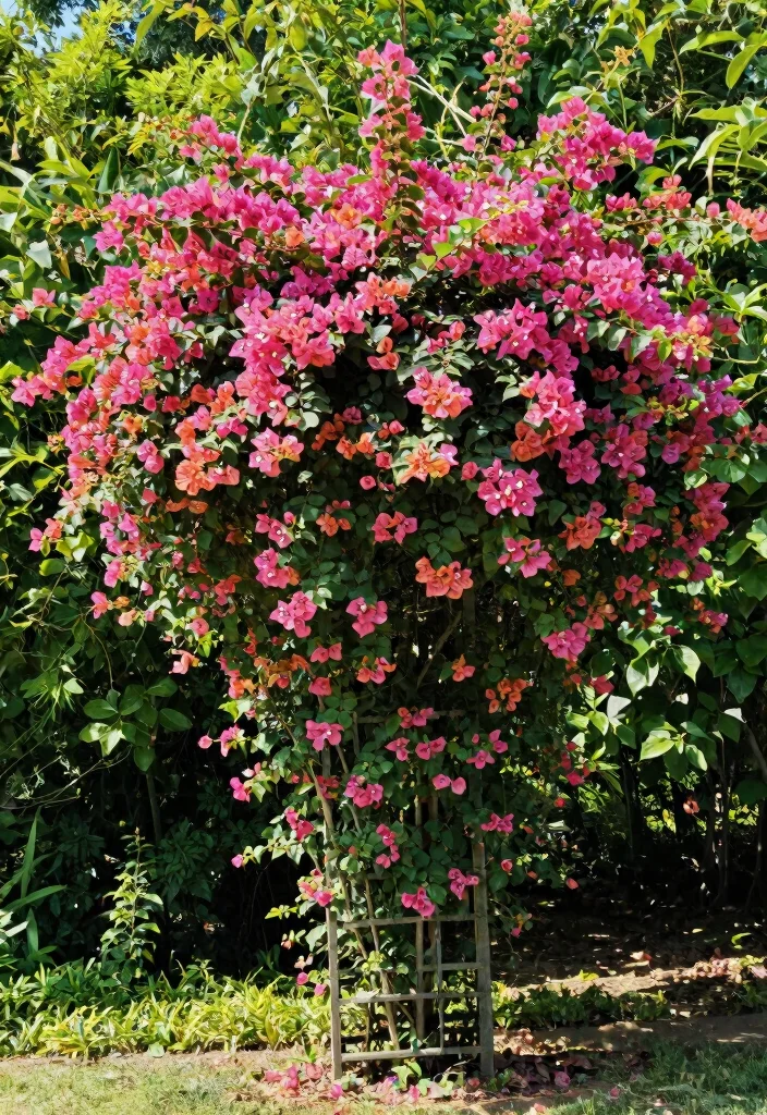 12 Bougainvillea Trellis Wall Concepts That Stay Standing in Wind - 11. Trellis Covered with Bougainvillea for Privacy 1