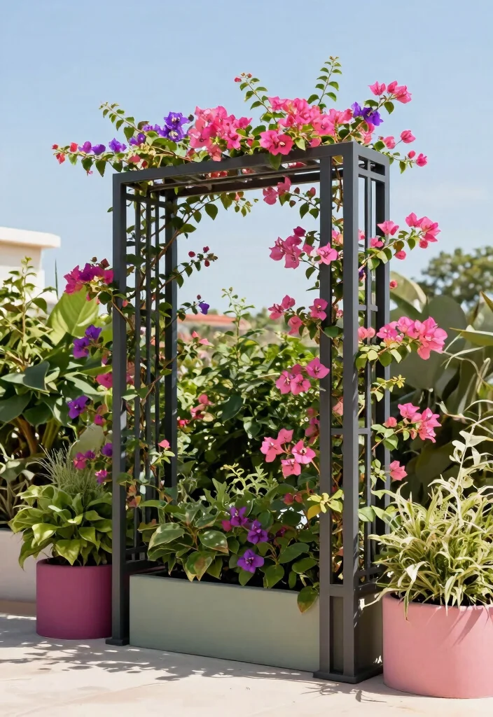12 Bougainvillea Trellis Wall Concepts That Stay Standing in Wind - 2. Metal Trellis for Modern Aesthetics 1
