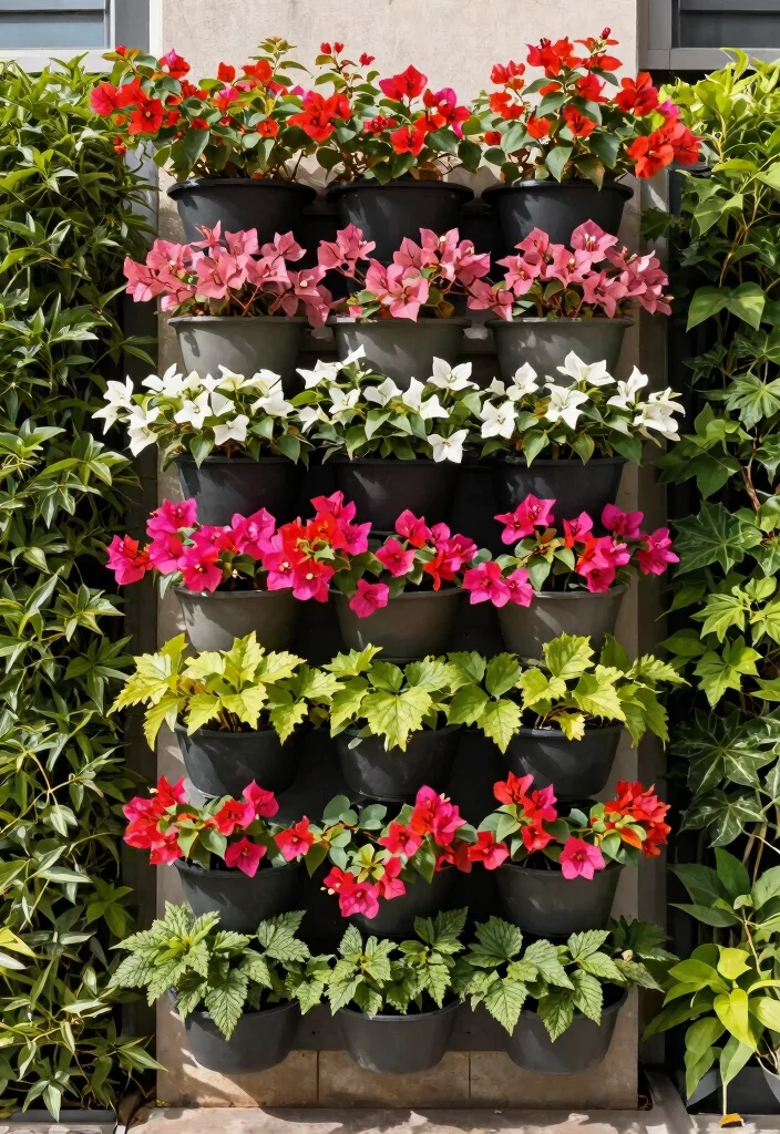 12 Bougainvillea Trellis Wall Concepts That Stay Standing in Wind - 3. Vertical Garden System with Bougainvillea 1