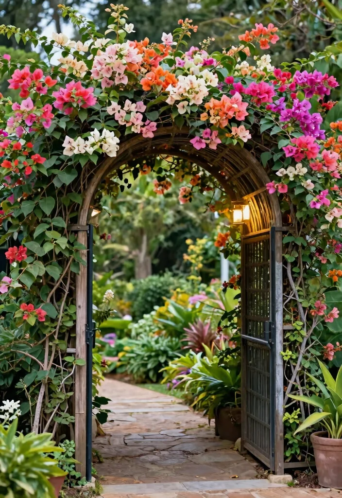 12 Bougainvillea Trellis Wall Concepts That Stay Standing in Wind - 4. Arched Trellis as a Garden Gateway 1