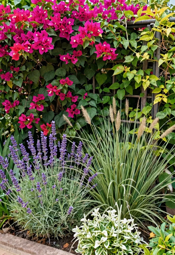 12 Bougainvillea Trellis Wall Concepts That Stay Standing in Wind - 8. Combination of Bougainvillea and Wind-resistant Plants 1