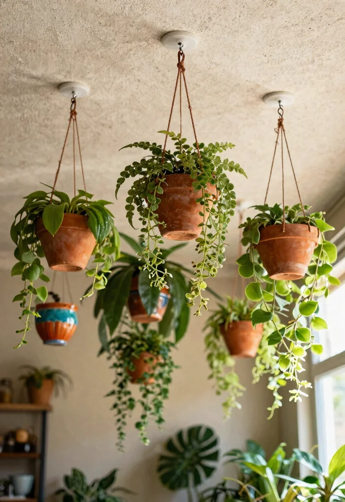 12 Gypsum Board Ceiling Ideas That Cover Damage Without Demolition - 7. Hanging Planter Fixtures from the Ceiling 1