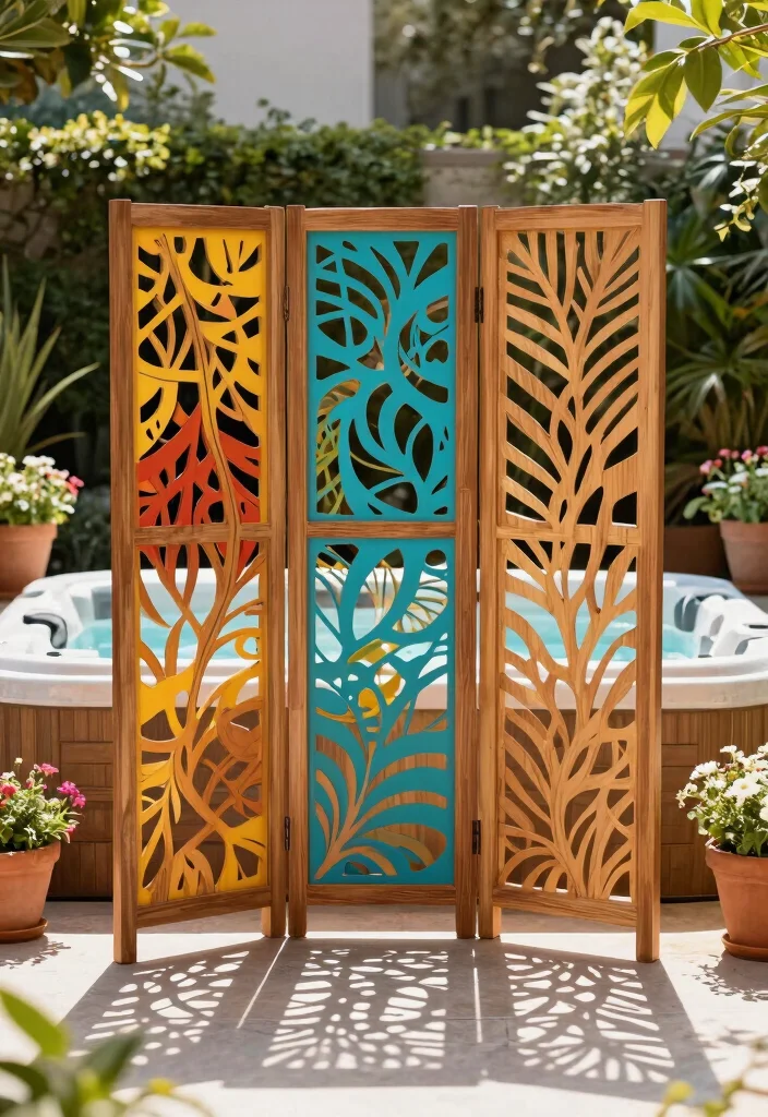 12 Hot Tub Backyard Ideas That Provide Year-Round Privacy - 6. Decorative Privacy Screens 1