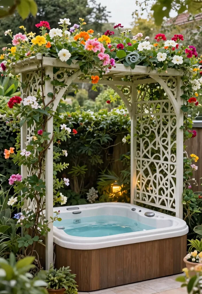 12 Hot Tub Backyard Ideas That Provide Year-Round Privacy - 9. Garden Trellis with Vines 1