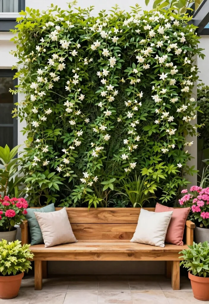12 Jasmine Trellis Wall Ideas That Support Heavy Vines - 12. Vertical Garden Wall with Built-in Seating 1