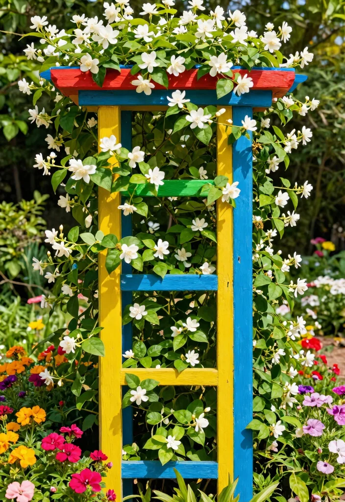 12 Jasmine Trellis Wall Ideas That Support Heavy Vines - 9. Colorful Painted Trellis 1