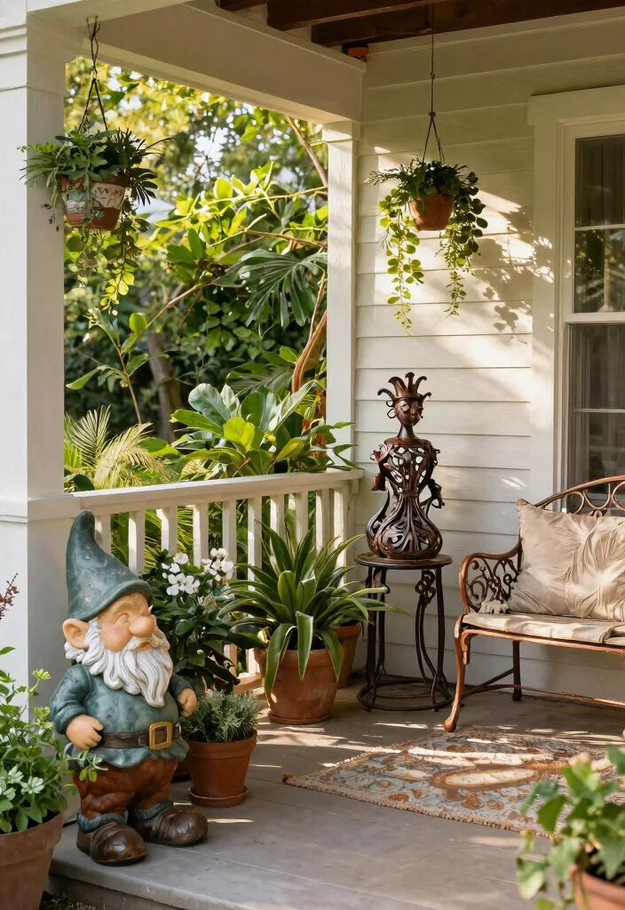 12 Outdoor Porch Decor Ideas That Survive Rain and Direct Sun - 12. Outdoor Sculptures and Garden Art 1