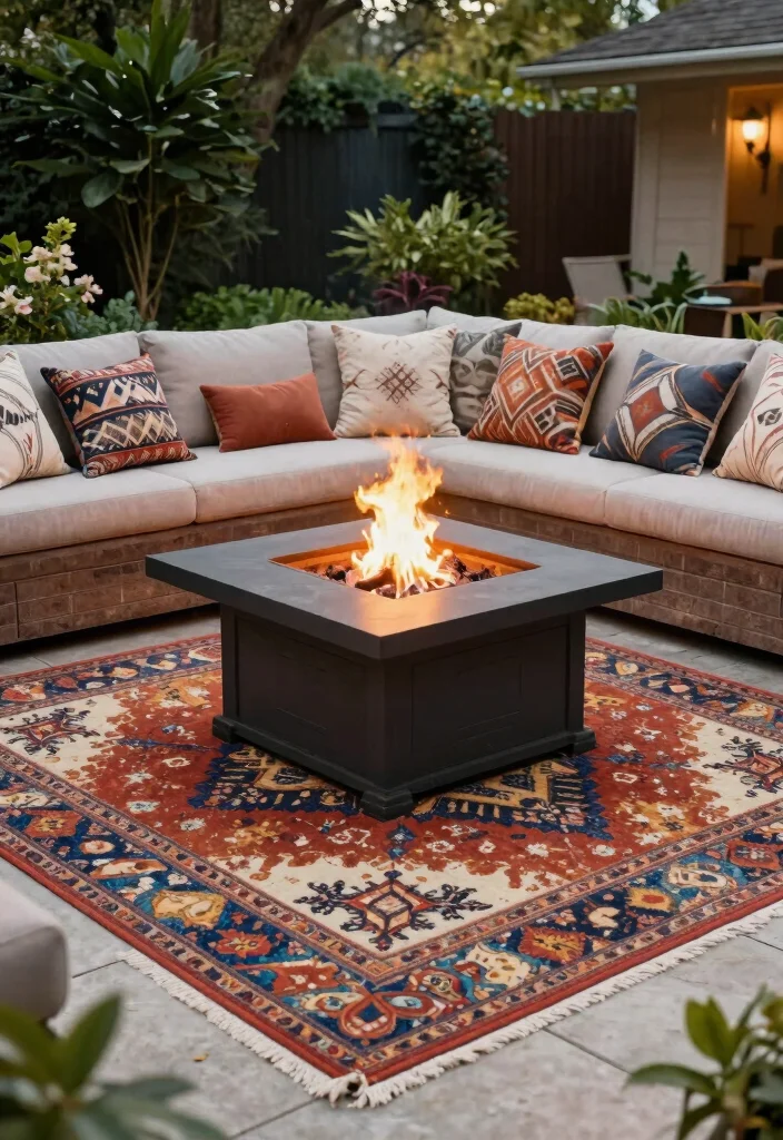 12 Square Backyard Fire Pit Concepts for Tight Corners and Small Yards - 12. Square Fire Pit with Outdoor Rug 1