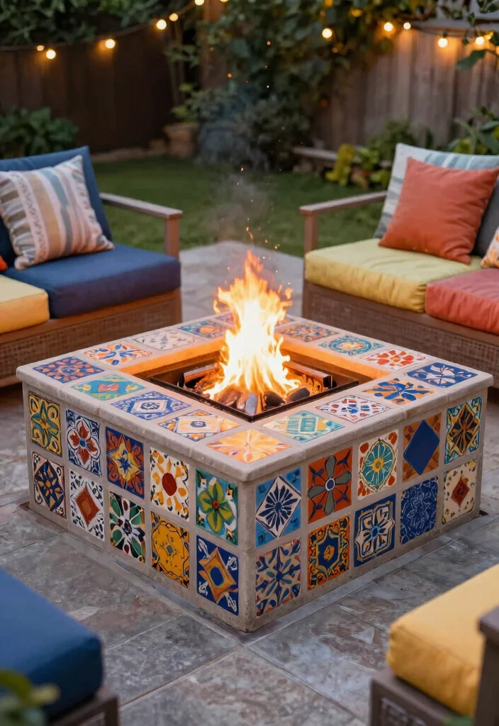 12 Square Backyard Fire Pit Concepts for Tight Corners and Small Yards - 6. Square Fire Pit with Decorative Tiles 1