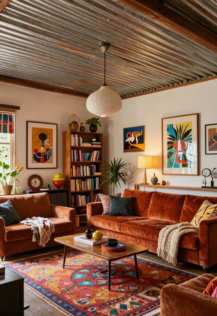 14 Corrugated Tin Ceiling Ideas That Hide Old Plaster Cheap - 10. Eclectic Living Room 1
