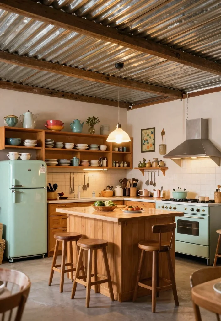 14 Corrugated Tin Ceiling Ideas That Hide Old Plaster Cheap - 2. Retro Kitchen Charm 1