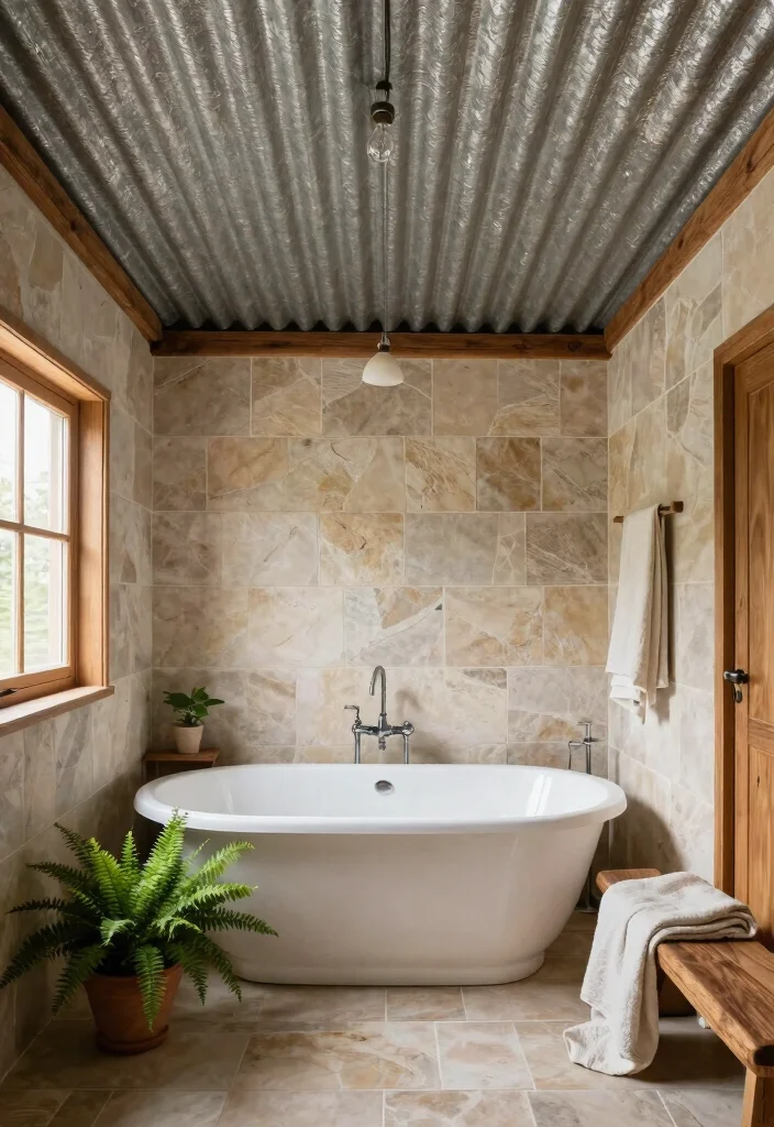 14 Corrugated Tin Ceiling Ideas That Hide Old Plaster Cheap - 3. Rustic Bathroom Retreat 1