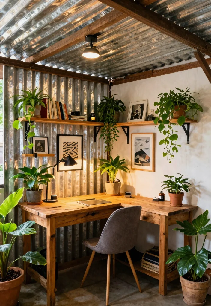 14 Corrugated Tin Ceiling Ideas That Hide Old Plaster Cheap - 5. Cozy Workspace Nook 1