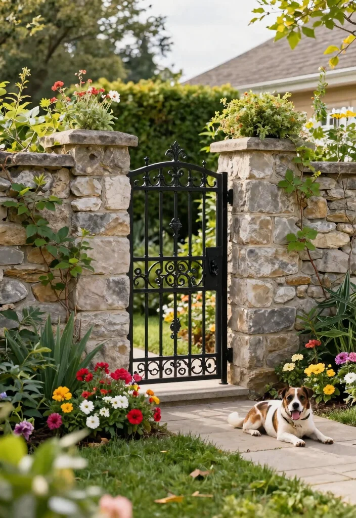 14 Front Garden Fence Ideas That Keep Dogs In Without Blocking Views - 4. Stone Wall with Iron Gates 1