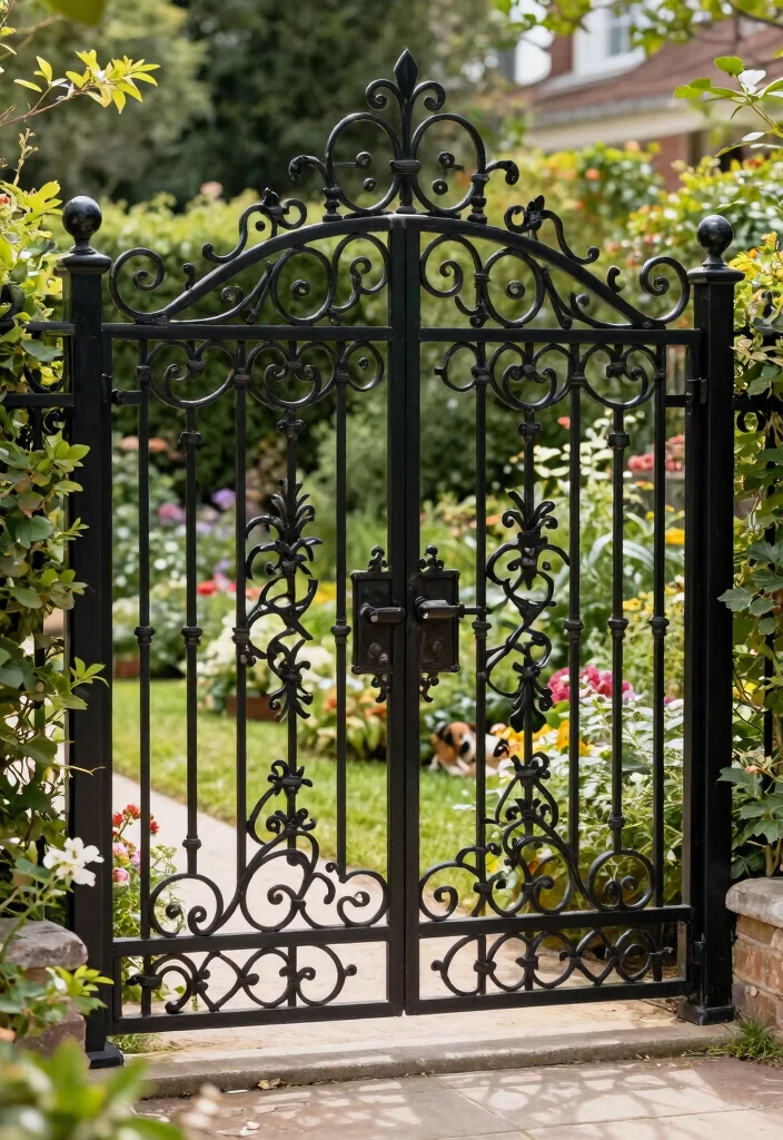 14 Front Garden Fence Ideas That Keep Dogs In Without Blocking Views - 7. Wrought-Iron Fencing with Decorative Detailing 1