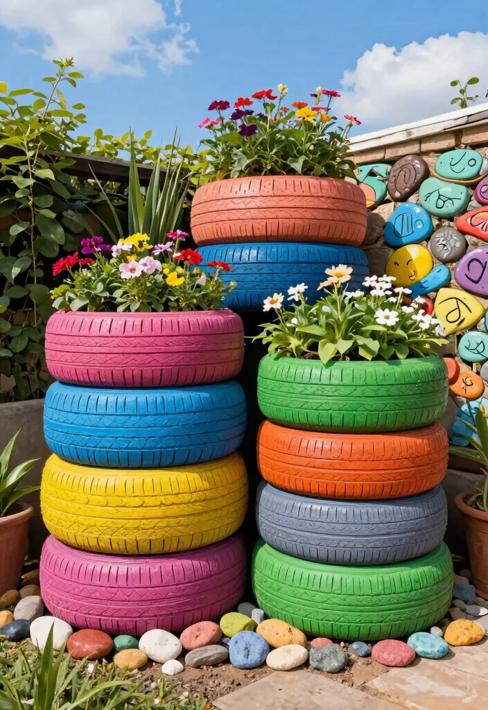14 Tall Planter Ideas That Stand Upright Without Tipping Over - 9. Upcycled Tire Planters 1