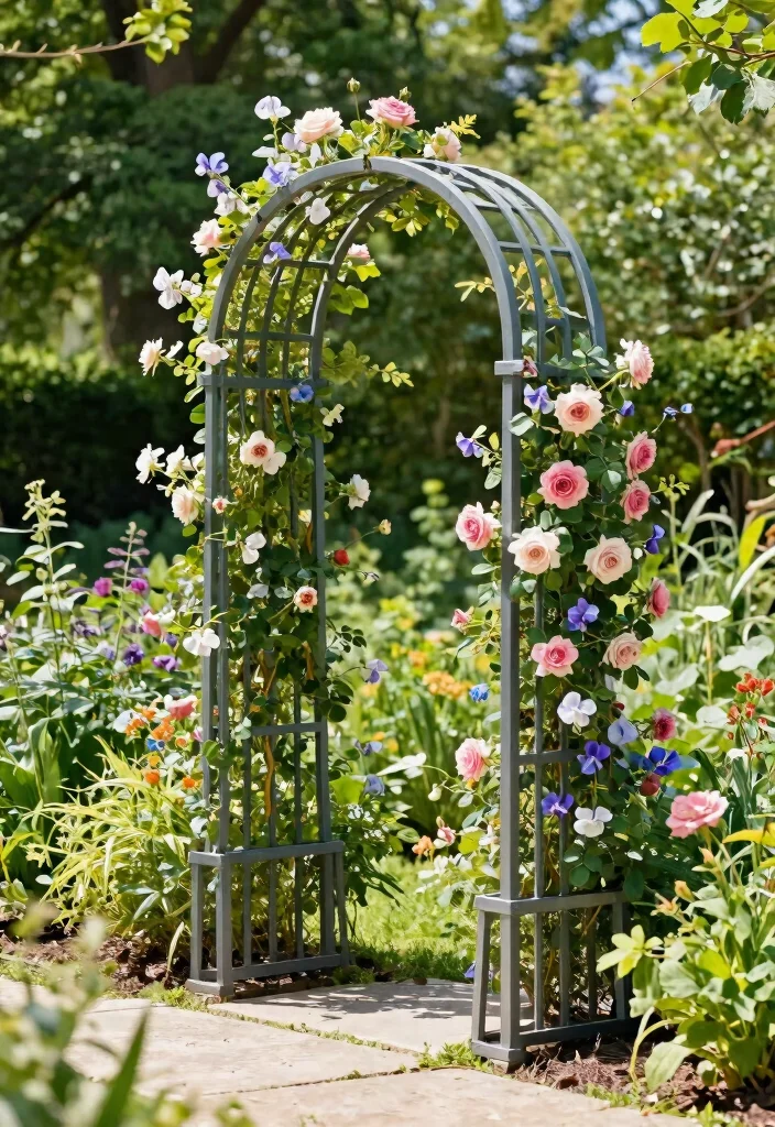 14 Trellis Roof Ideas That Provide Shade Without Full Coverage - 3. Metal Arbor Trellis 1