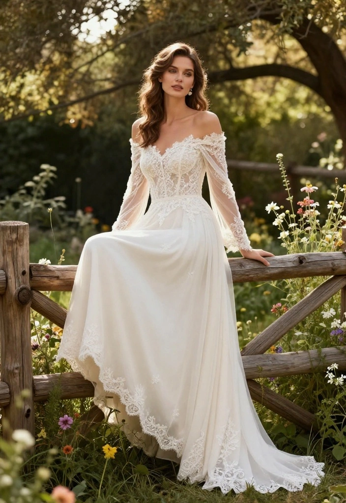 15 Backyard Wedding Dress Ideas for Outdoor Garden Ceremonies - 4. Rustic Off-the-Shoulder Gown 1