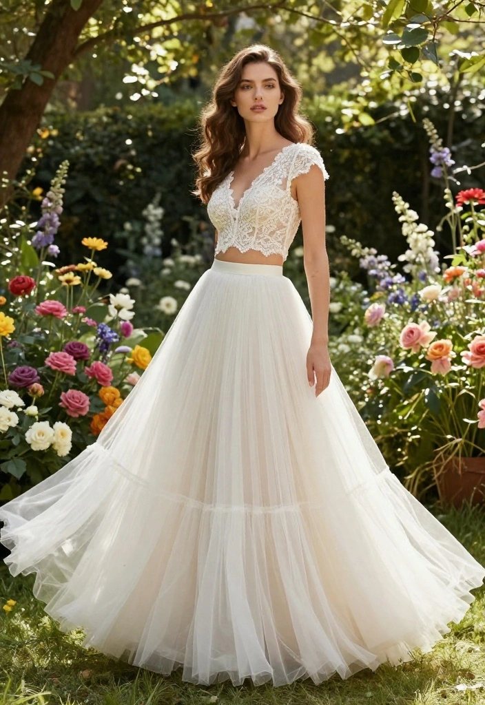 15 Backyard Wedding Dress Ideas for Outdoor Garden Ceremonies - 8. Romantic Tulle Skirt and Crop Top Combo 1