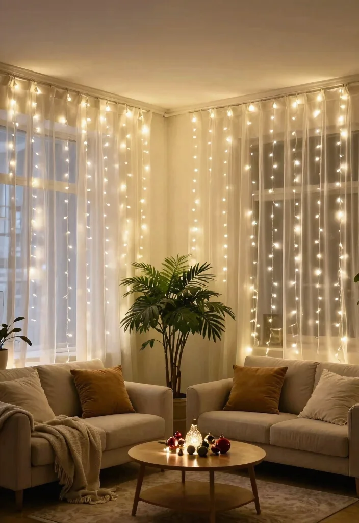 15 Christmas Lights on Ceiling Concepts That Hide the Cords - 1. Twinkling Curtain Lights 1