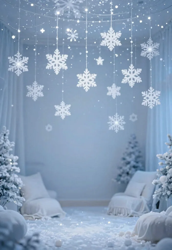 15 Christmas Lights on Ceiling Concepts That Hide the Cords - 10. Winter Wonderland with Snowflakes 1