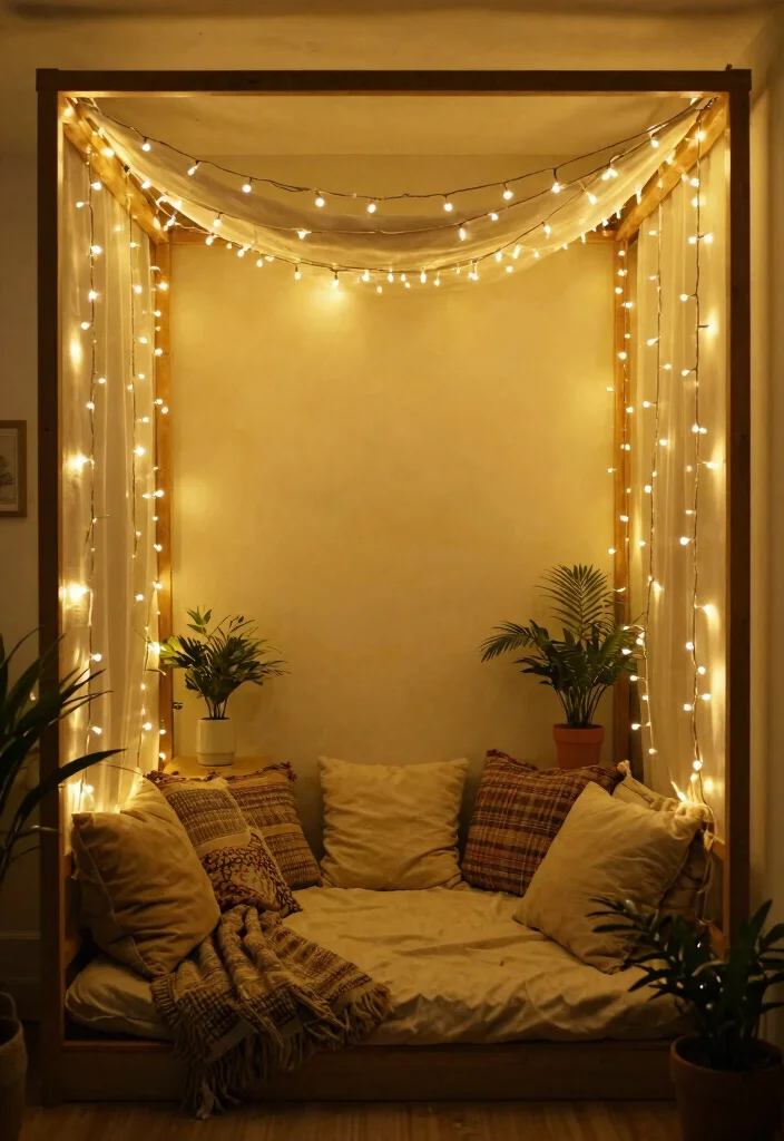 15 Christmas Lights on Ceiling Concepts That Hide the Cords - 11. Cozy Nook with Canopy Lights 1