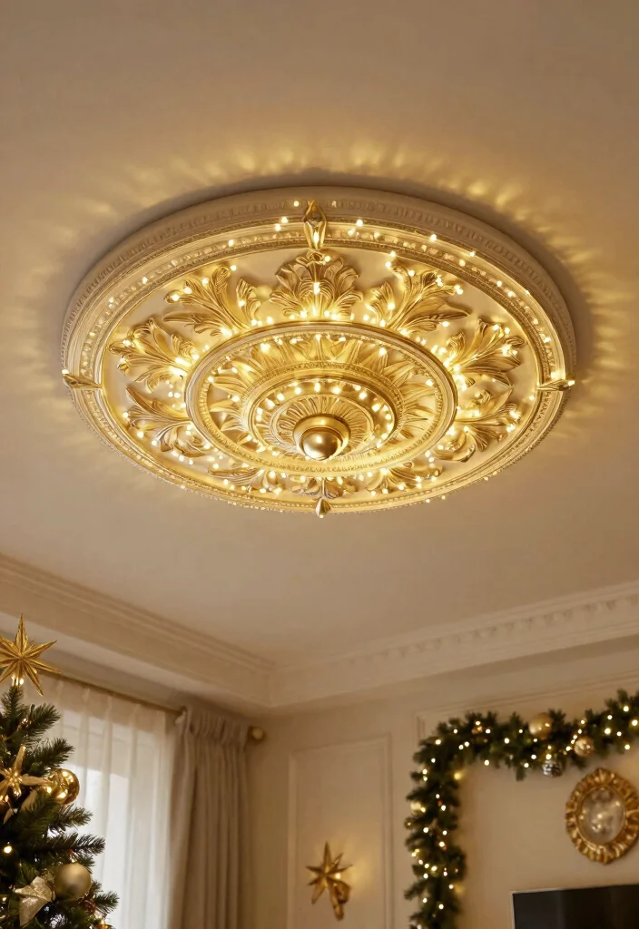 15 Christmas Lights on Ceiling Concepts That Hide the Cords - 14. Ceiling Medallion Showstopper 1