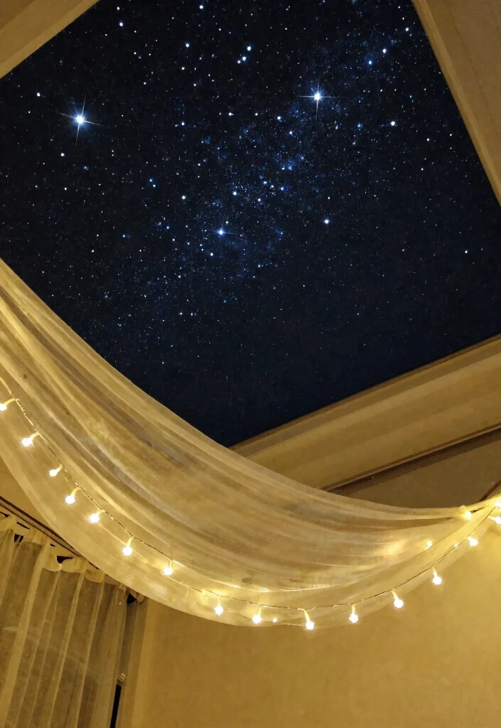 15 Christmas Lights on Ceiling Concepts That Hide the Cords - 3. Whimsical Starry Canopy 1