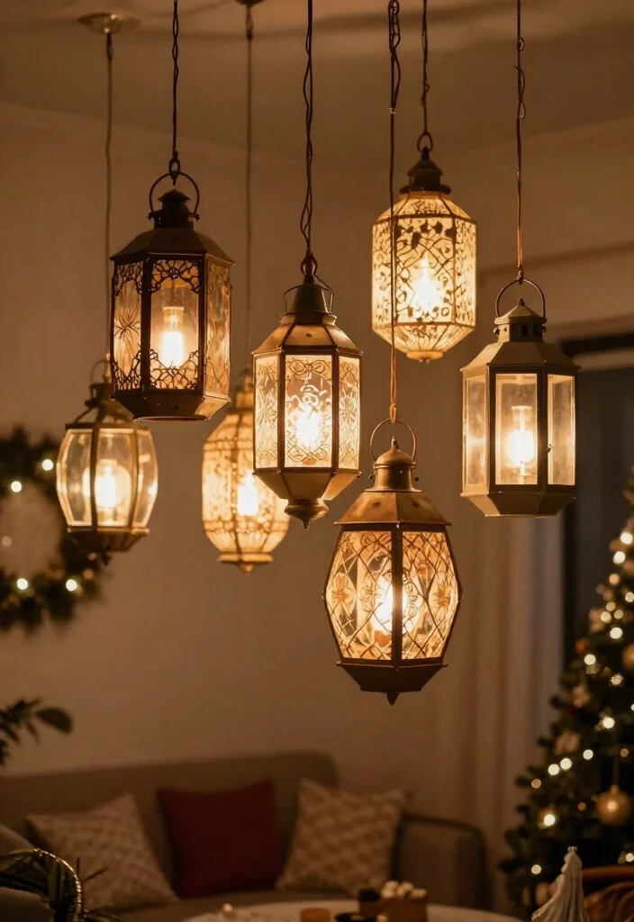 15 Christmas Lights on Ceiling Concepts That Hide the Cords - 4. Chic Hanging Lanterns 1