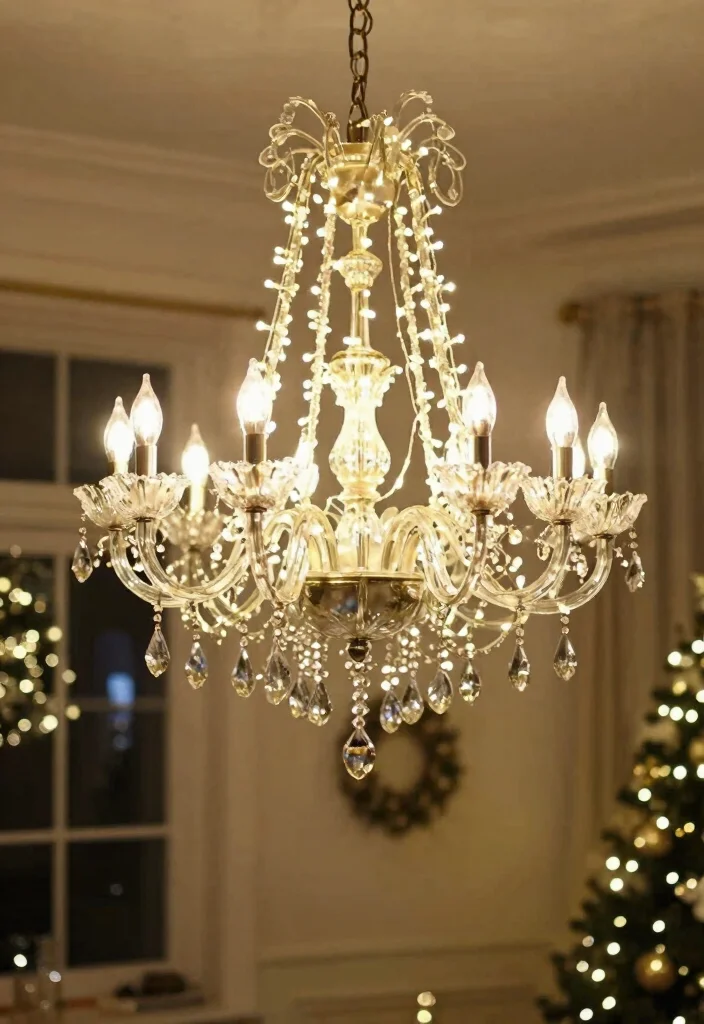 15 Christmas Lights on Ceiling Concepts That Hide the Cords - 6. Dramatic Chandelier Wrap 1